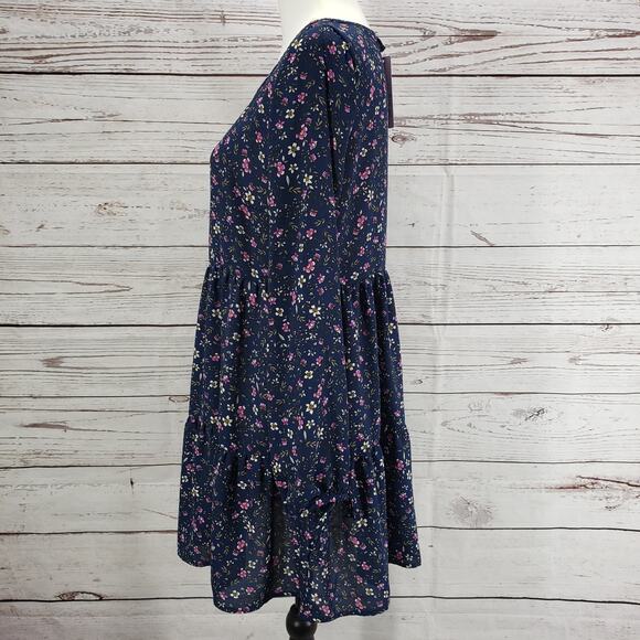 Wild Fable New Blue Floral  Bow Tie End Sleeve Tiered Dress Size Small - Picture 3 of 10